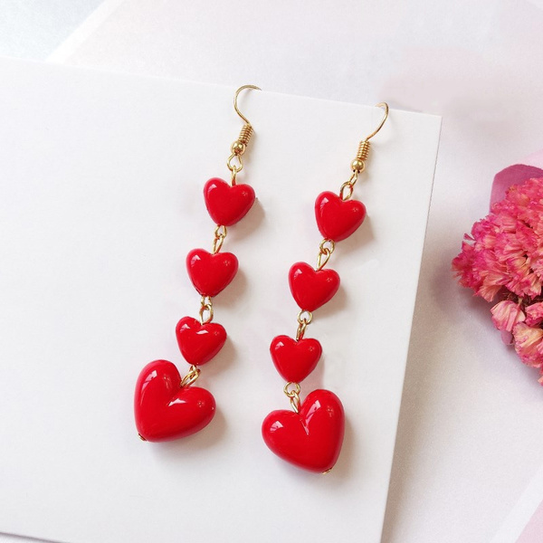 Romantic Women's Red Heart Shaped Earrings, Simple Sweet Dangle Long ...