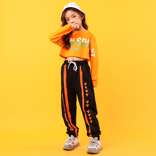 Girls Rap Performance Bare-midriff Two-Piece Sets Kids Hip Hop T-shirt +  Pants Outfits 4 Colors 4-15 Years