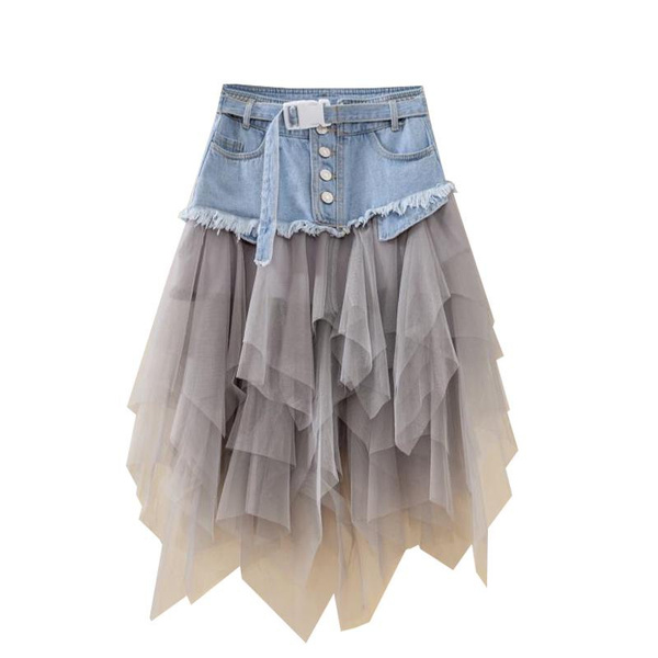 denim and sheer gauzy splicing skirt