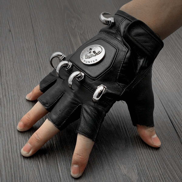 1 Pair Horn Studded Skull Fingerless Leather Gloves Punk Rock