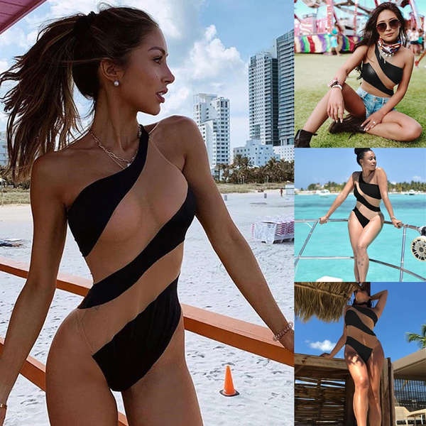 New Style Women One Piece Bikini Push-up Padded Swimsuit Bathing Swimwear  Beach Monokini Stripe Skinny One Shoulder Fashion