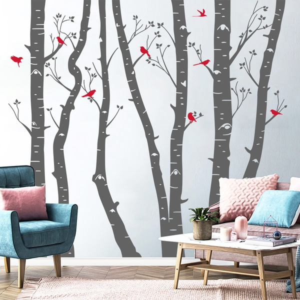 Large Birch Tree Wall Decal With Birds Forest Family Stickers Living Room Bedroom Kids Nursery Vinyl Art Decor Wish - Tree Wall Stickers For Living Room
