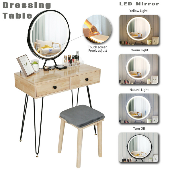 Round Mirror Table Dresser Desk, Led Vanity Table Set With Lighted Touch Screen Mirror Cushioned Stool