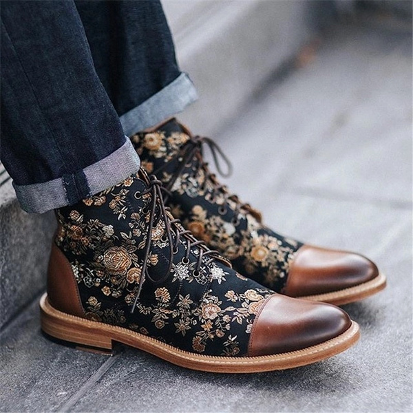 2019 Botines con costura de flores vintage para hombre Botas de tacón bajo  con cordones Botas británicas antideslizantes para hombre Botines Hombre  Punta redonda Casual Zapatos de tacón alto vintage | Wish