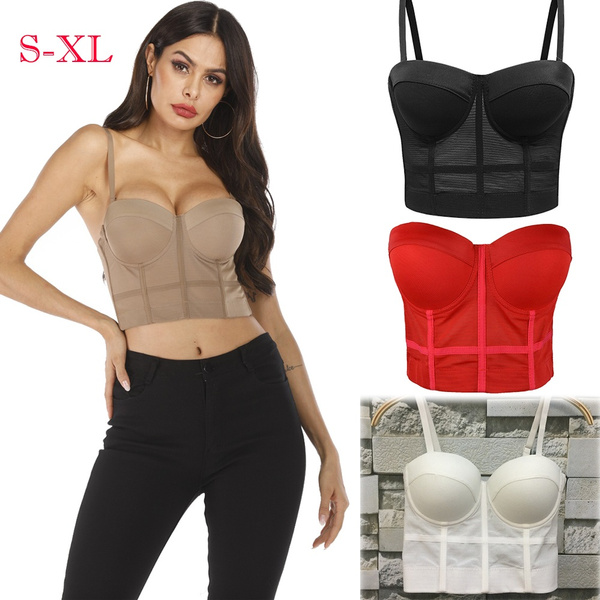 Women's Sexy Black Mesh Push Up Corset Bustier Bra Club Party Cropped Top