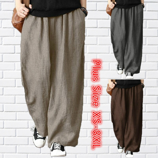 Cotton Linen Pants Women Casual Solid Wide Leg Trousers Autumn Large  Vintage Pockets Elastic Waist Loose Pants Plus Size XS-8XL