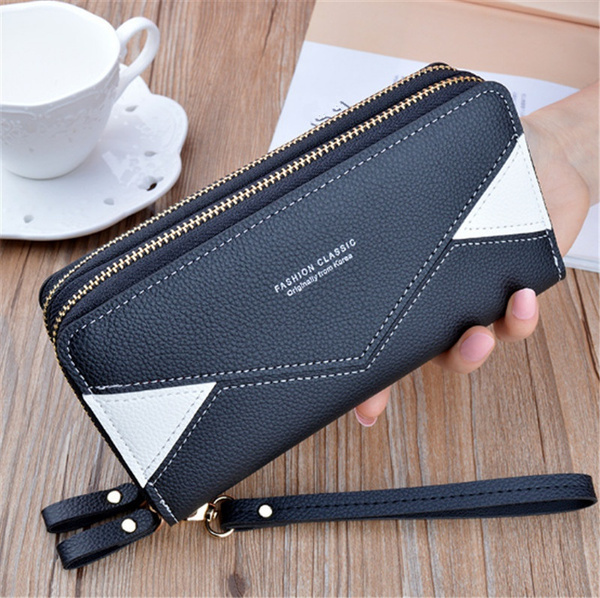  Veki Women's Wallet Double Zipper Pocket Wallets with Wrist  Strap, Leather Credit Card Purse for Women Men (White) : Clothing, Shoes &  Jewelry