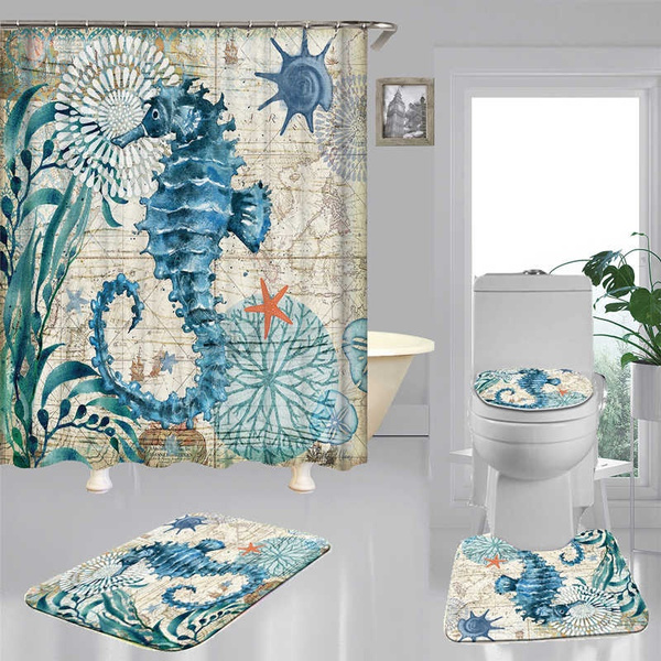Blue Seahorse Art Shower Curtain Bath Mat Toilet Cover Rug Bathroom Decor Set 