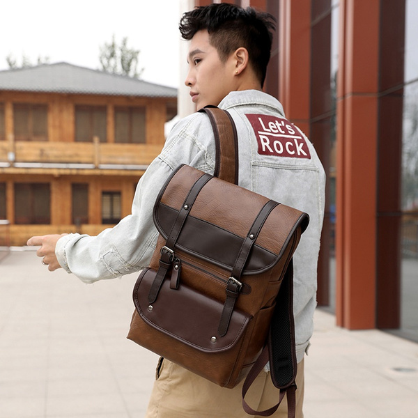 New Fashion Mens Leather Travel Backpack Laptop Vintage School Shoulder Bag