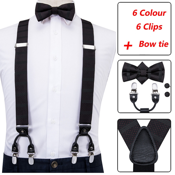 Mens Christmas Bow Tie and Suspenders Holiday Festival Braces Y Shape Fun Santa Braces Handkerchief Pocket Square Set 