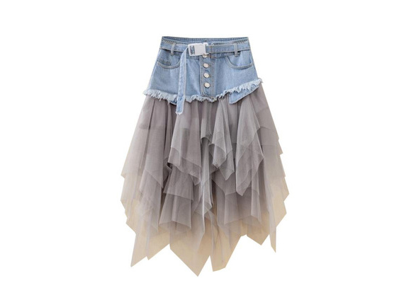 Women Denim Skirt Ladies Mesh Splice A Line Asymmetric Frill Tulle