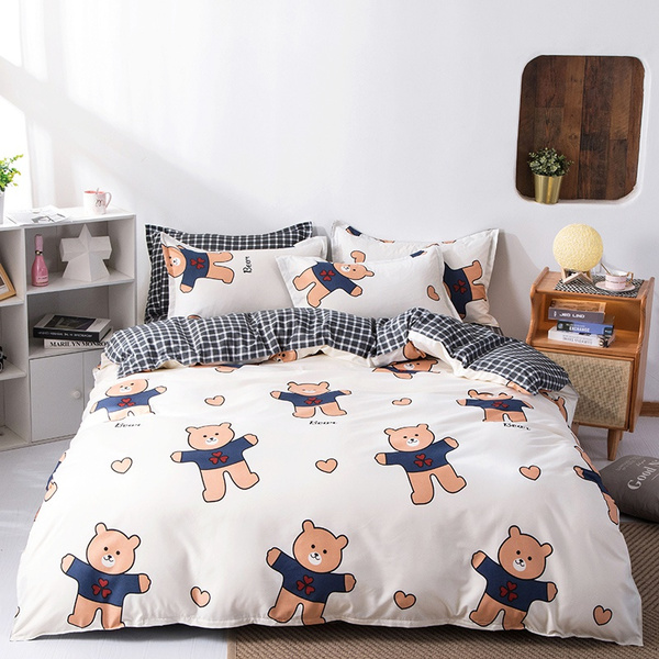 Home Living Bear Print 3 4pcs Bed Sheet Pillow Case Quilt Cover Set Queen And King Size Bedding Sets Wish Set Queen And King Size Bedding Sets, Bear King Size Bedding