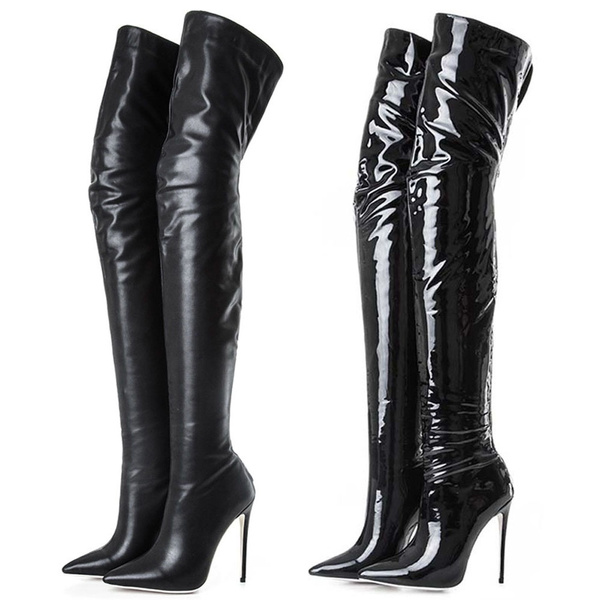 Details about   Women's Pointed Toe High Heels Knee Boots Fashion Ladies Winter Shoe Black White