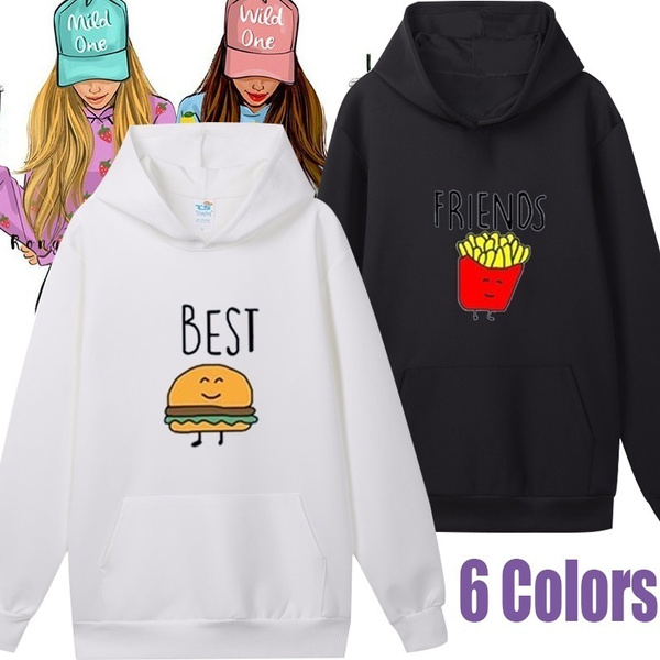 Autumn and Winter Women Best Friends Hoodie Casual Loose Hooded Pullover Plus Size Cartoon Hoody Solid Color Sweatshirts