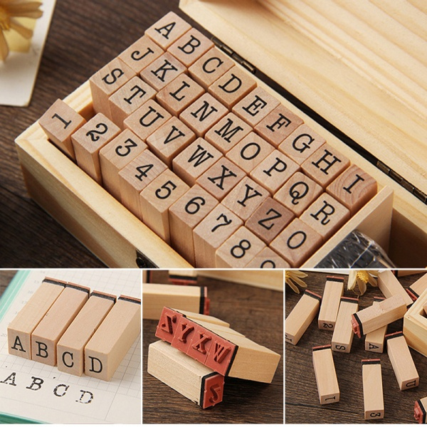 36Pcs Wooden Alphabet Letter Number Stamper Stamps Seal Set For DIY