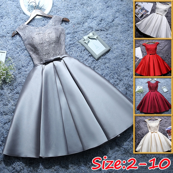 New Short Evening Dress Satin Lace Wine 