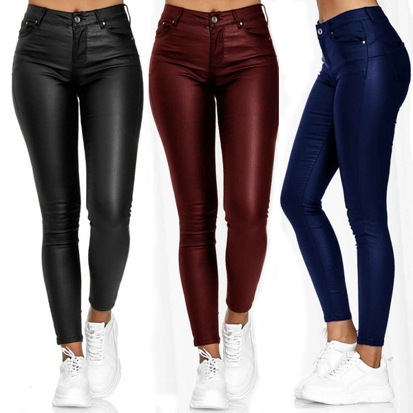 Women's Fashion Skinny Faux Leather Pants High Waisted Coated