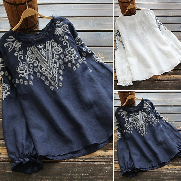 White/Navy Loose Shirt Women Ethnic Embroidered Blouse Casual Long Sleeve Cotton  Tops
