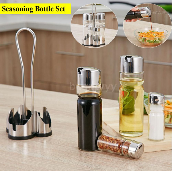 Salt and Pepper shakers, Oil and Vinegar Dispenser Set with Stainless Steel  Holder (Salt & Pepper + Oil & Vinegar)