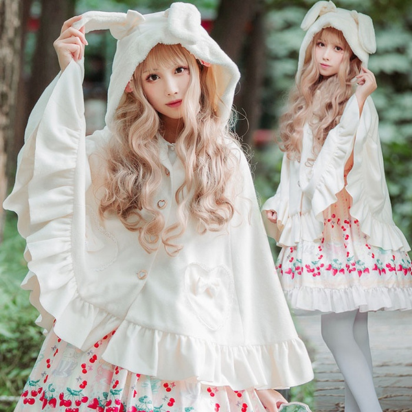 Autumn winter japanese sweet lolita woolen cloak cute rabbit ears bowknot  pockets plus velvet thicken gothic lolita coat cosplay