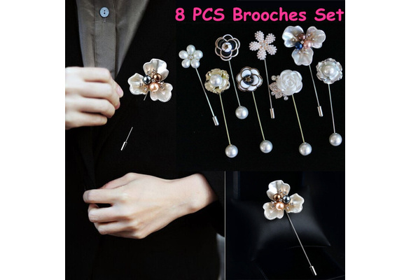 8 PCS Women Brooch Pins Set Flower Pearl Lapel Pin Muslim Hijab