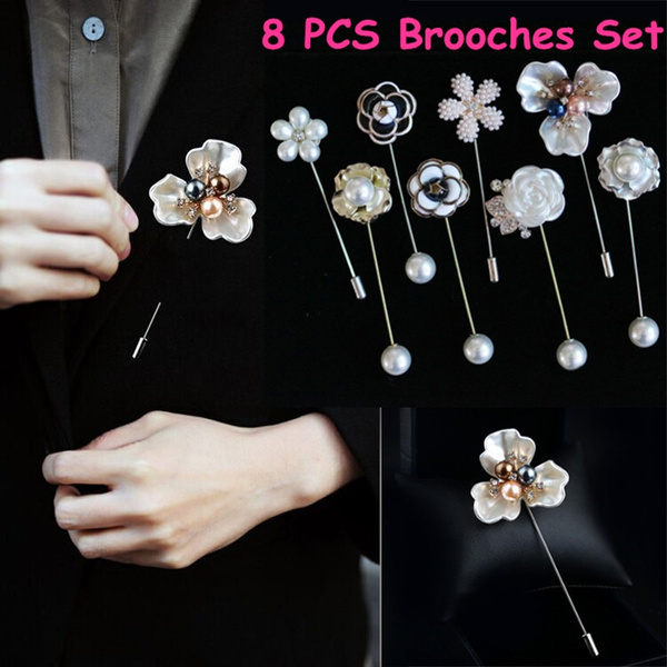 8 PCS Women Brooch Pins Set Flower Pearl Lapel Pin Muslim Hijab Scarf Pins  Women Shawls Brooches Costume Accessory