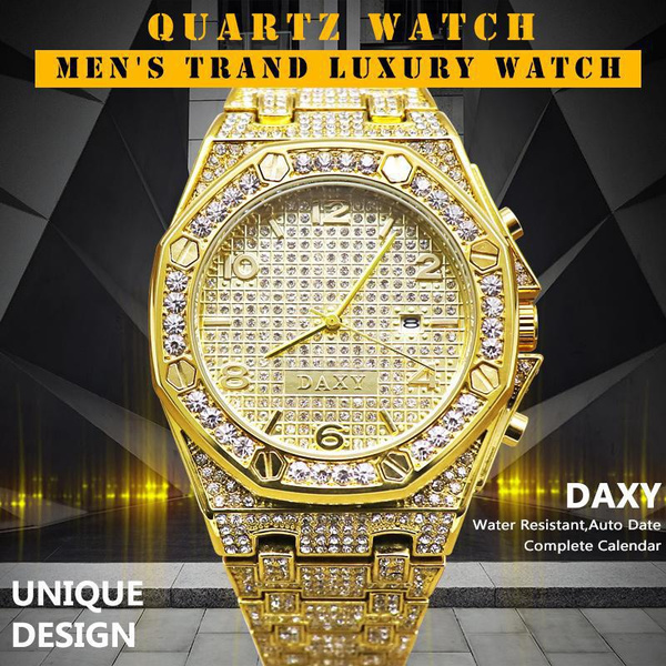 Hip Hop Watches for Men Iced-Out Bling Diamond Luxury Quartz Watches with  Date