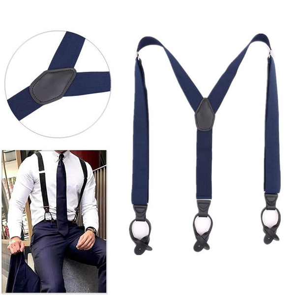 Suspenders for Men Leather Trimmed Button End Elastic Tuxedo Y Back Mens Fashion 