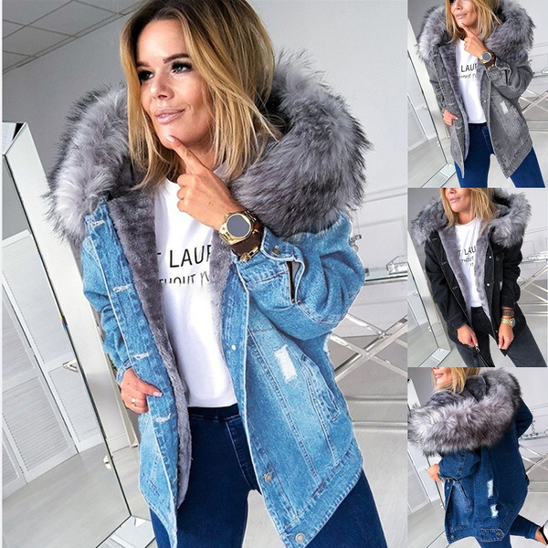 Kids Girls Fur Lining Hooded Coat Winter Fluffy Collar Denim Jacket Jean  Outwear | eBay