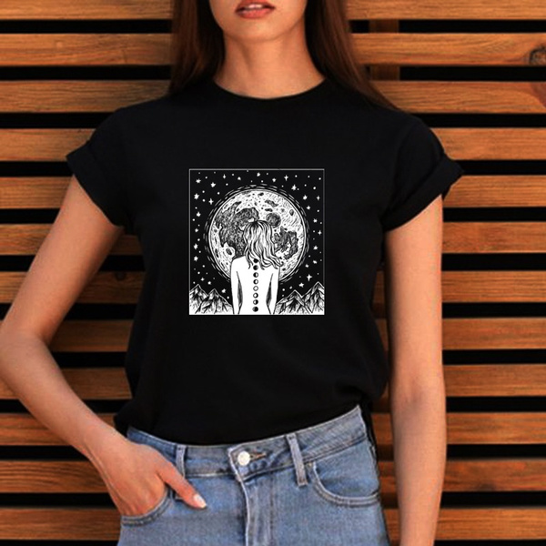 Moon Girl Art Drawing T-Shirt Women's Hipsters Boho Style Witch Tee Grunge Aesthetic Top Gothic Clothing Wish