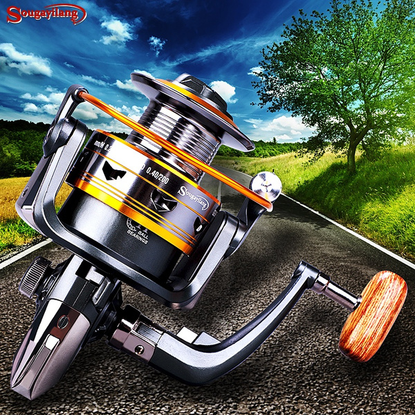 Sougayilang Spinning Fishing Reels with Left/right Interchangeable Collapsible Wood Handle Powerful Metal Body 5.2:1/5.1:1 Gear Ratio Smooth 11BB For Inshore Boat Rock Freshwater Saltwater Fishing 