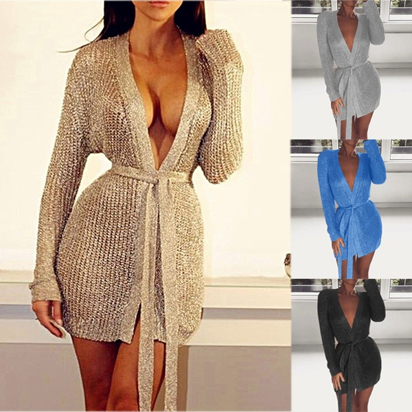metallic knit rose gold tie wrap dress