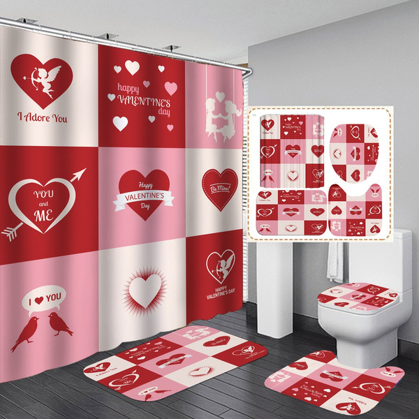 Valentine Waterproof Shower Curtain Bath Mat Toilet Cover Rug Bathroom Carpet 