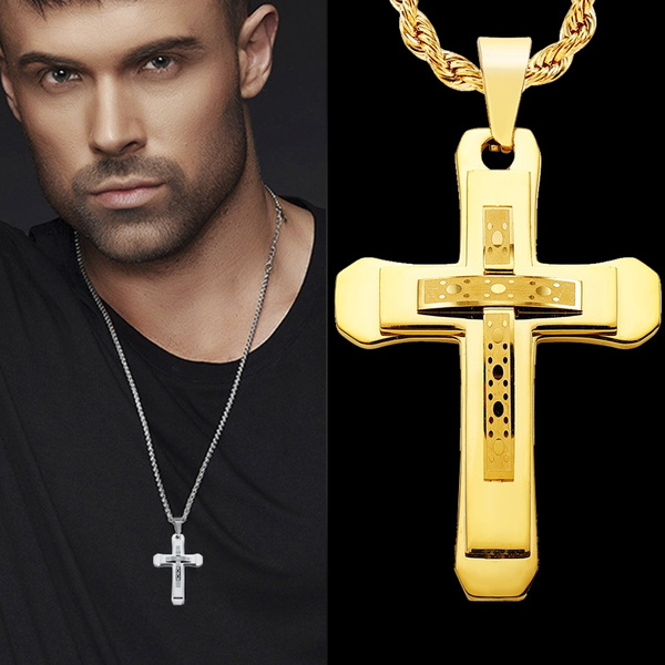 Stainless Steel Mens Chains 18k Real Gold Plated Vintage Cross Pendants Necklaces Jewelry Accessories Wedding Gifts Wish - Religious Chains And Pendants