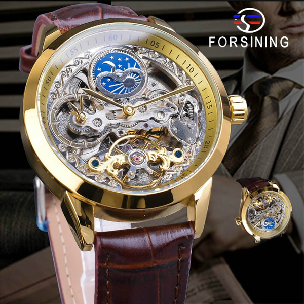 Forsining Men Tourbillon Mechanical Watches Dual Time Zone Automatic  Watches Moon Phase Skeleton Watch Business Genuine Leather Strap Watches  Reloj Hombre | Wish