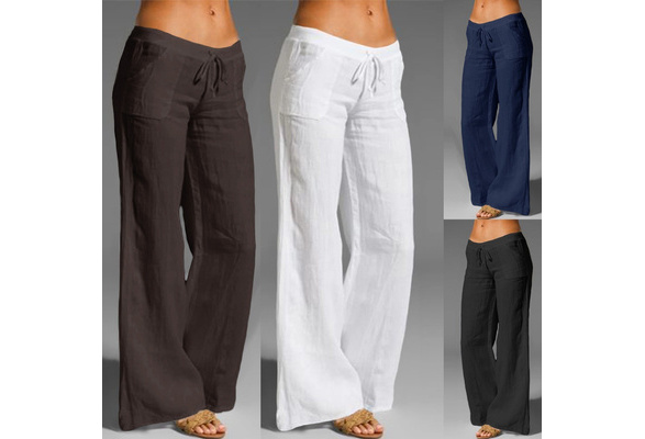 WUAI-Women Casual Loose Elastic Waist Drawstring Palazzo Pants Plus Size Boho Cotton Linen Cropped Wide Leg Pants 