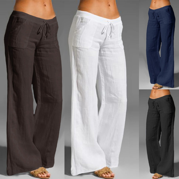 Women Longs Cotton Linen Elastic Waist Casual Pants Trousers Straight Large Size