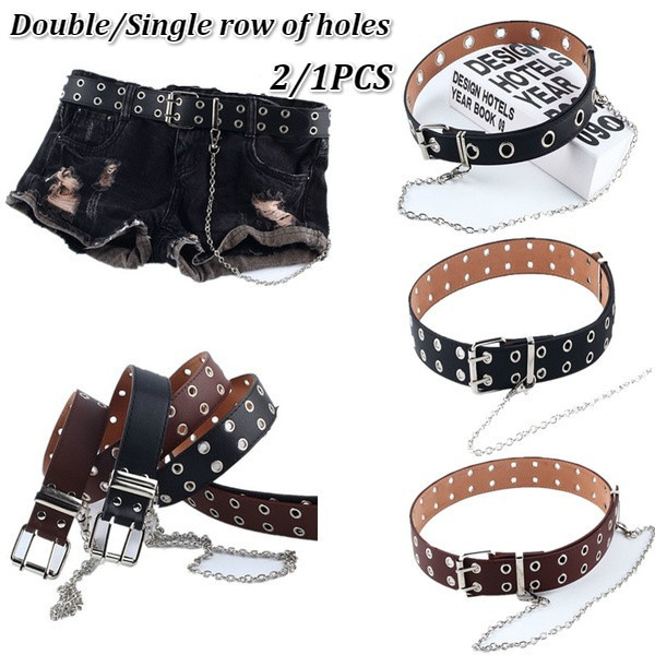 Women Punk Chain Belt Adjustable Black Double/Single Eyelet Leathers/Buckle/Belt 