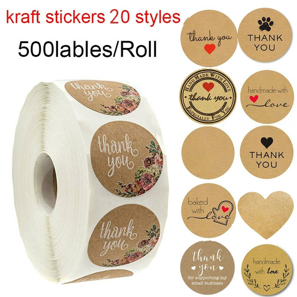 1 Roll of 500 Labels Round Thank You Craft Packaging Seals Kraft Sealing Sticker 