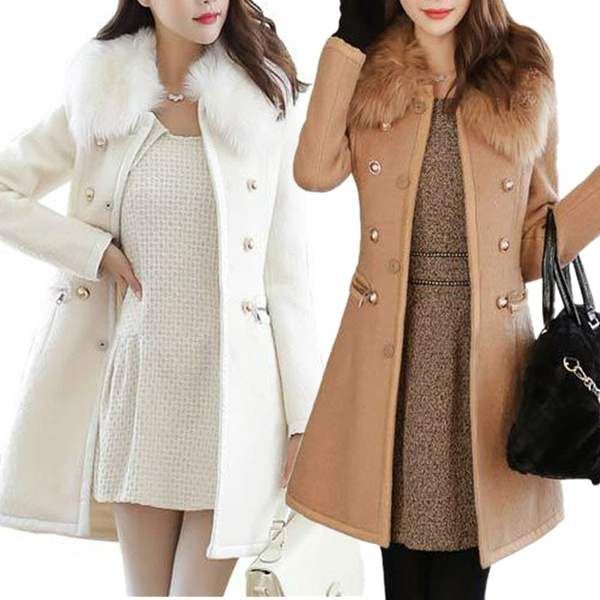 Autumn Winter Women Fashion Thick Wool, Womens Faux Fur Collar Trench Coat