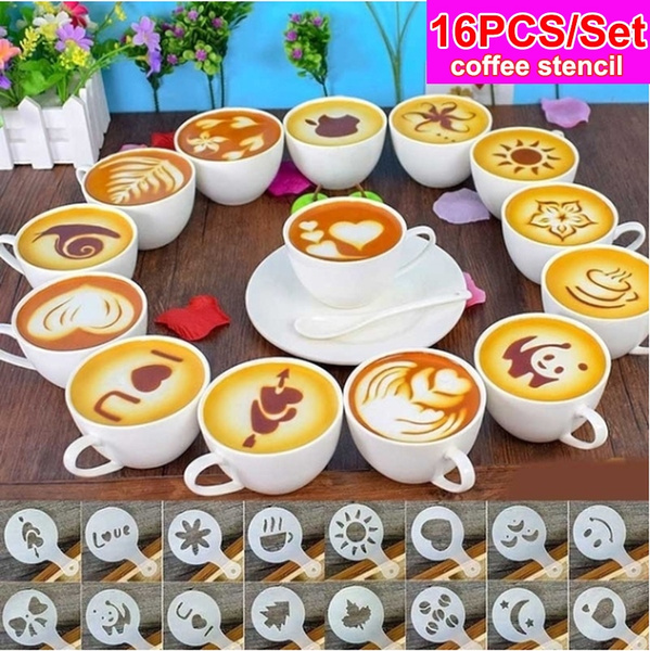 Wuqiong 16pcs//set Patterns Coffee Stencils Art Barista Mold Decorating Template Tool