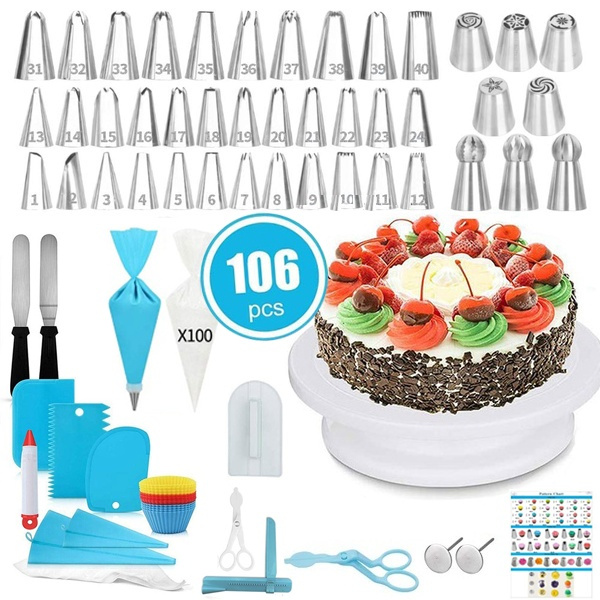 106pcs Cake Decorating Set Kit Baking Supplies Spatula Turntable Stand Nozzles 