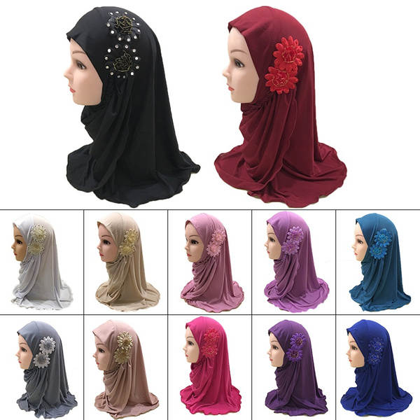 Ramadan Muslim Kids Girls Hijab Scarf Islamic Flower Caps Shawls Amira Headscarf 