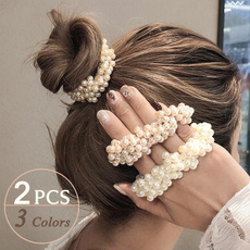 2 PCS Fashion Hair Accessories Solid Color Hair Circle Pearl Beads Rubber Headbands Women Ponytail Holder Elastic Hair Bands