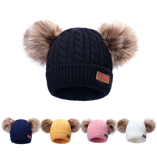 Baby Kids Winter Hat Knitted Warm Double Fur Pompom Caps Beanies Boys Girls
