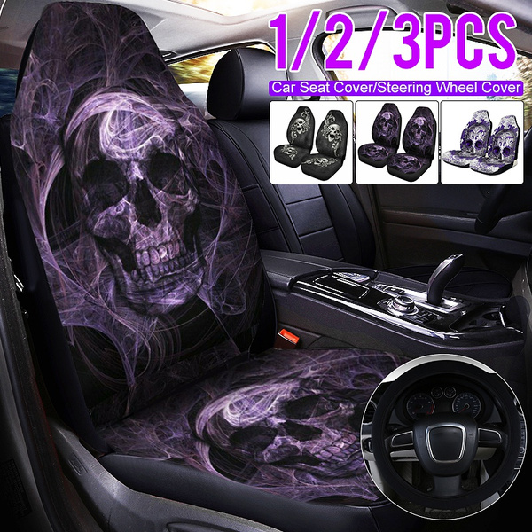 LL·Shawn 2PCS Golden Metal Skull Seat Covers for Cars Full Cushion Scratch-Proof Front Seat Cover with Elasticity Stretched to fit Most Cars 