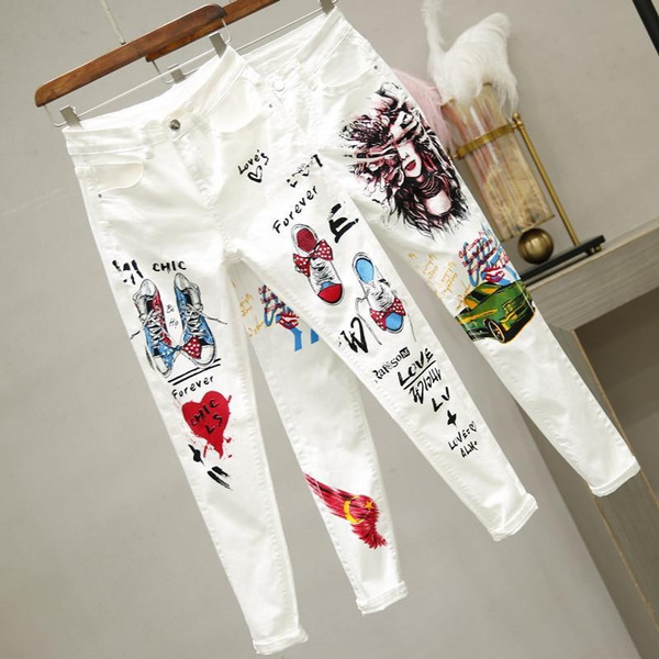 Women White Denim Pants Cartoon Graffiti Flowers Print Stretched Jeans  Vintage Slim Body Capris Jeans