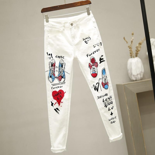 Women White Denim Pants Cartoon Graffiti Flowers Print Stretched Jeans  Vintage Slim Body Capris Jeans
