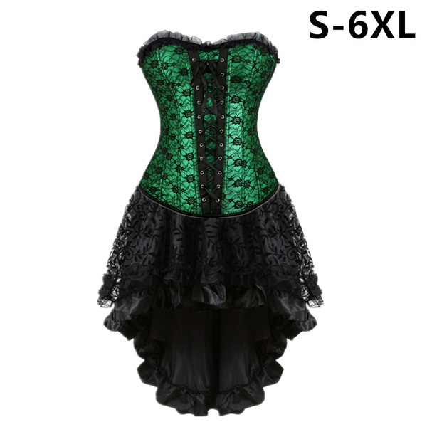 Green Overbust Corset Top With High Low Skirt Clubwear Corsets and