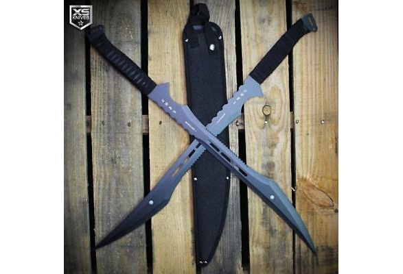 27 2pc Black Ninja Sword Set Full Tang Machete Tactical Katana w/ BACK  SHEATH